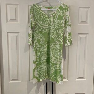 Green and White Asymmetrical Tunic Dress with 3/4 Sleeves
